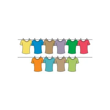 Colorful T-shirts drying vector illustration isolated on white background. Ilustração Stock