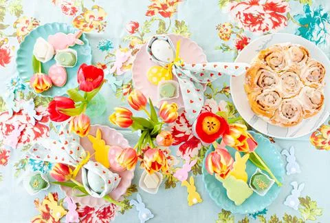 Colorful table setting for Easter Stock Photos