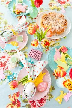 Colorful table setting for Easter Stock Photos
