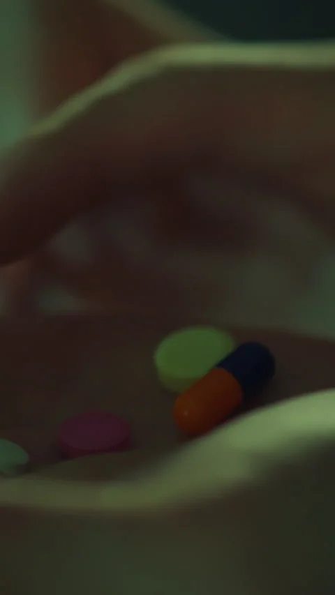 Colorful tablets held in hand before consumption in a dimly lit room Stock Footage 331534348