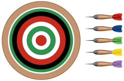 Colorful Target Board with Five Multi-Colored Darts Vector Illustration Stock Illustration