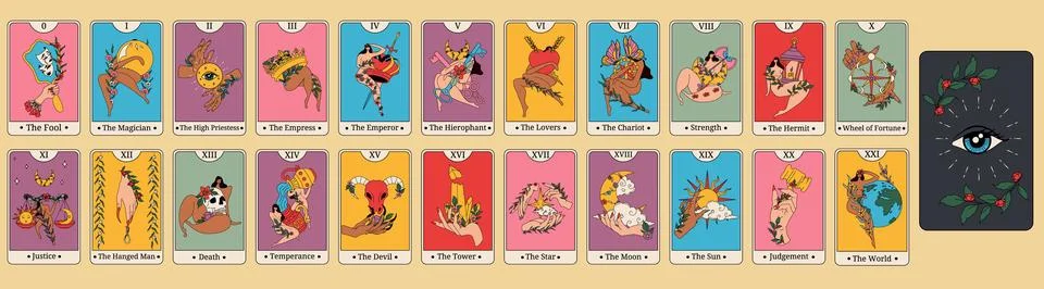Colorful tarot card deck featuring major arcana with modern abstract Illustrazione stock