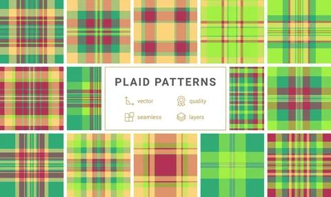 A colorful tartan plaid pattern featuring green, red, and yellow hues with .. Stock Illustration