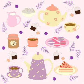 Colorful tea party set elements Tea time hand drawn illustration Illustrazione stock