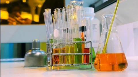 Colorful test tubes, testing  liquid at laboratory Stock Footage 108264337