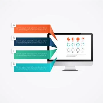 Colorful text boxes with realistic 3d computer monitor with infographic wallp 스톡 일러스트