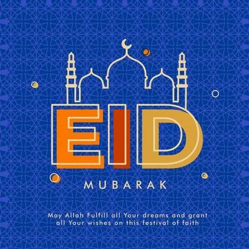 Colorful Text Eid Mubarak and Line-art Mosque on Blue Islamic Pattern Backg.. Stock Illustration