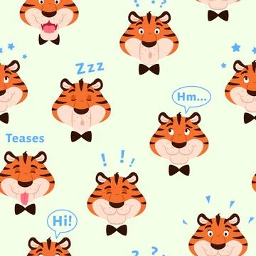Colorful tiger seamless pattern. Cute animal head Stock Illustration