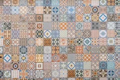 Colorful tile pattern, patchwork design of portuguese tiles - Stock Photos