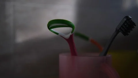 Colorful toothbrushes in bottles Stock Footage 115570296