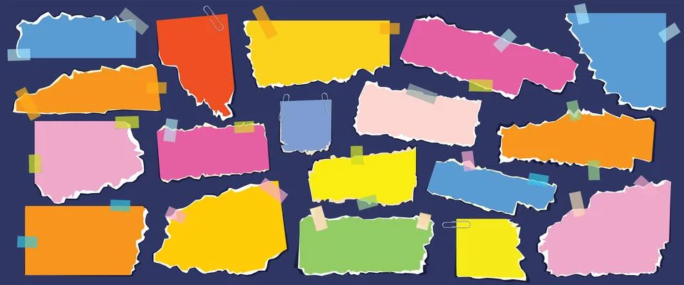 Colorful torn paper notes in various shapes taped to a dark background Stock Illustration