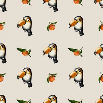 Colorful toucan pattern with oranges and leaves in a seamless design for te.. Illustrazione stock