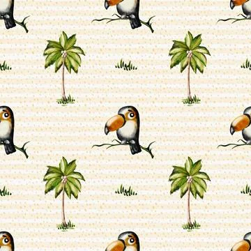 Colorful toucan pattern with palm trees for textile and wallpaper design Stock Illustration