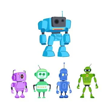 Colorful toy robots standing different poses Stock Illustration