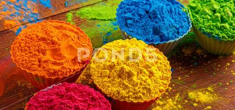 Traditional, Indian Colorful Holi Powder Paint in Steel Bowls. Stock Photo  by zhenny-zhenny