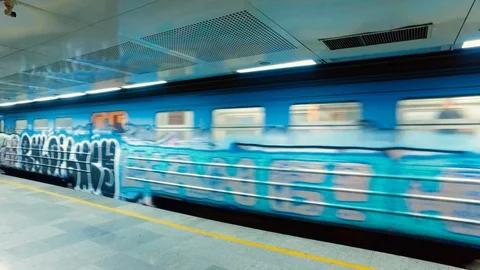Colorful train in a subway is leaving Stock Footage 91656686