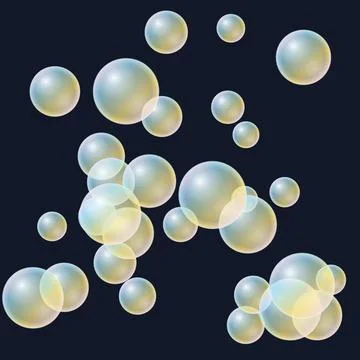 Colorful Transparent Soap Bubbles on Dark Background Stock Illustration