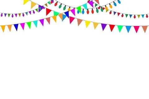 Colorful triangle bunting flags and string lights festive celebration borde.. Stock Illustration