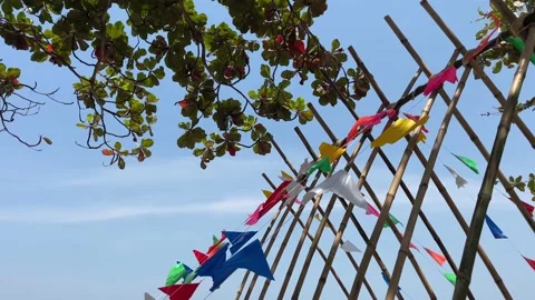 Colorful triangle flags tie with bamboo sticks waving on a sunny day at Hua Hin Video stock 206302270