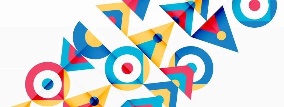 Colorful triangles and circles create a vibrant pattern on white canvas Illustrazione stock