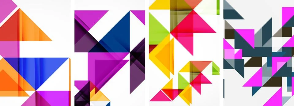 Colorful triangles and rectangles create a vibrant collage on a white background Stock Illustration