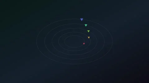 Colorful triangles orbiting concentric circles on a dark blue grey backgrou.. Stock Footage 340468456