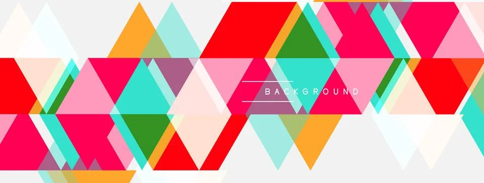Colorful triangles overlap creating dynamic abstract background. Bright hues, 스톡 일러스트