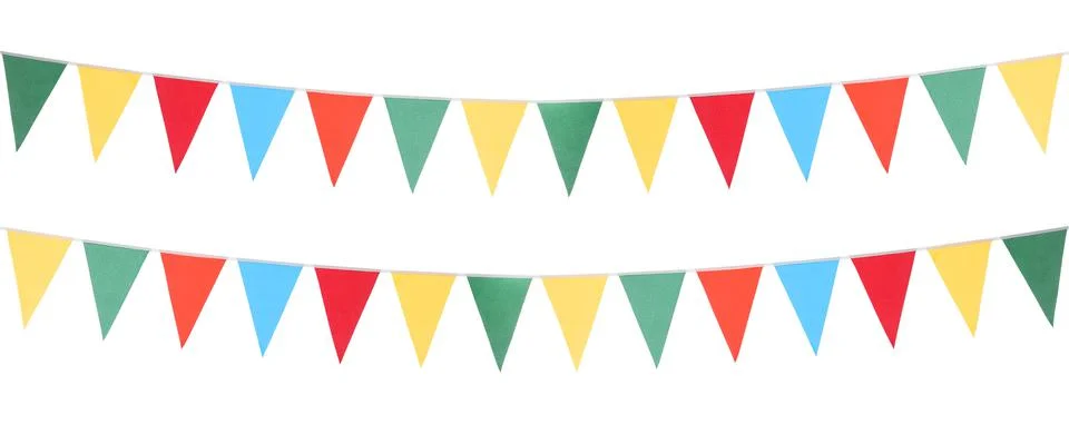 Colorful triangular bunting flags on white background, banner design. Festive Stock Photos