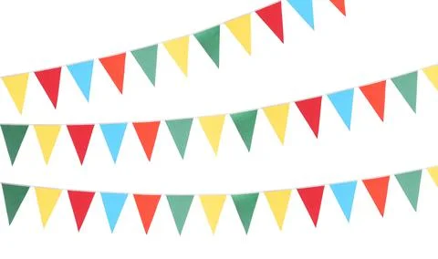 Colorful triangular bunting flags on white background. Festive decor Stock Photos