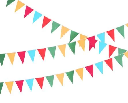 Colorful triangular bunting flags on white background. Festive decor 스톡 사진