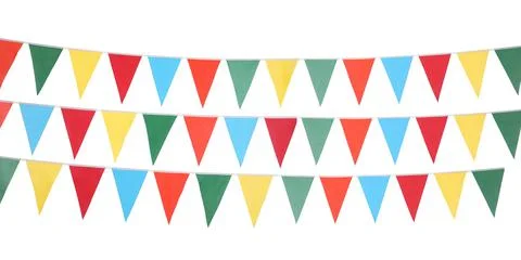 Colorful triangular bunting flags on white background, banner design. Festive Stock Photos