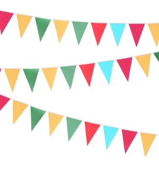 Colorful triangular bunting flags on white background. Festive decor Foto stock