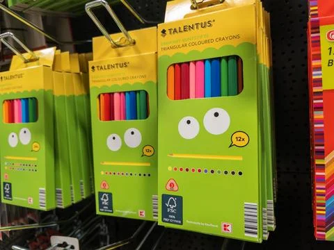 Colorful Triangular Crayons in Store Display Stock Photos