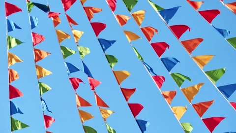 Colorful triangular flags waving in the wind in Moscow Stock Footage 305705035
