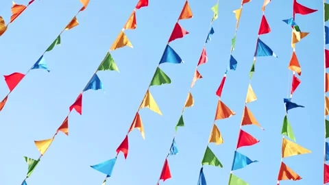 Colorful triangular flags waving in the wind in Moscow Stock Footage 305709118