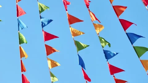 Colorful triangular flags waving in the wind in Moscow Stock Footage 305711656