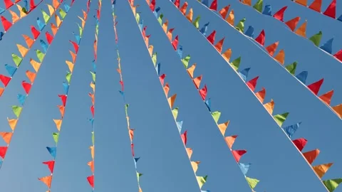 Colorful triangular flags waving in the wind in Moscow Stock Footage 305713475