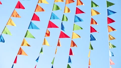 Colorful triangular flags waving in the wind in Moscow Stock Footage 308259719