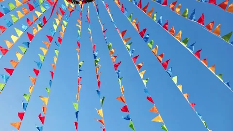 Colorful triangular flags waving in the wind in Moscow Stock Footage 308260138