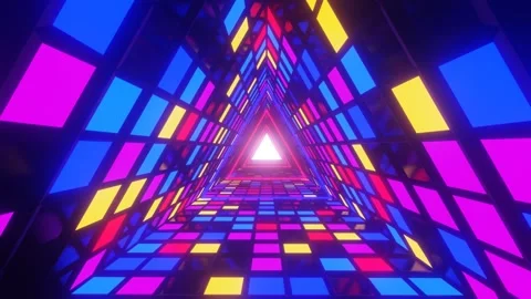 Colorful triangular tunnel with neon squares creating a vibrant pattern. Stock Footage 276749466