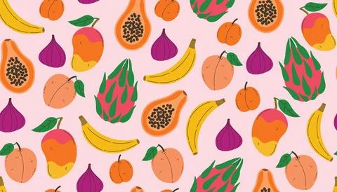 Colorful tropical fruit pattern in flat cartoon style Stock Illustration