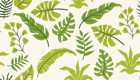 Colorful tropical leaf pattern featuring palm and monstera in a playful fla.. Illustrazione stock