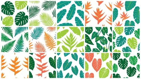 Colorful tropical leaf patterns and floral arrangements. Illustrazione stock