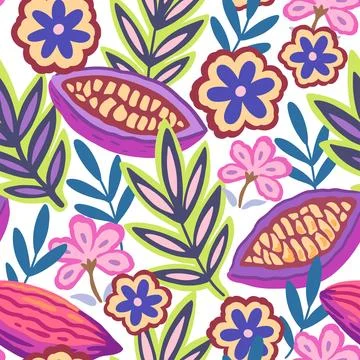 Colorful tropical seamless pattern. Abstract psychedelic motif with plant and Illustrazione stock