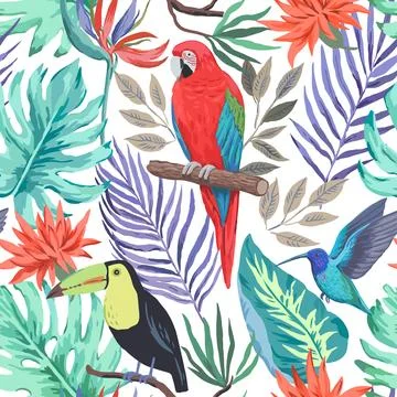 Colorful tropical seamless pattern with exotic birds and flowers. Vector 스톡 일러스트