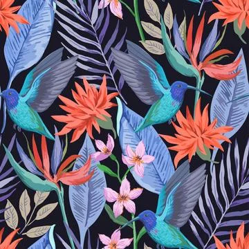 Colorful tropical seamless pattern with exotic birds and flowers. Vector 스톡 일러스트