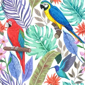 Colorful tropical seamless pattern with exotic birds and flowers. Vector 스톡 일러스트