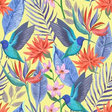 Colorful tropical seamless pattern with exotic birds and flowers. Vector Illustrazione stock