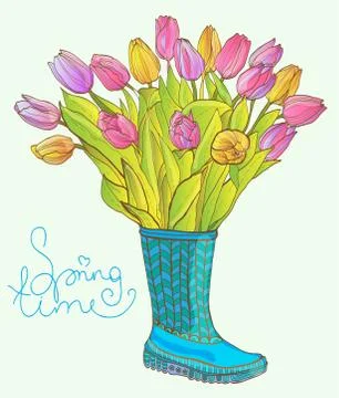 Colorful tulips in the boot Stock Illustration