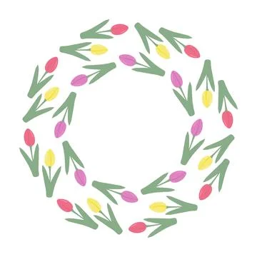 Colorful tulips Circle frame border in trendy bright colors. Spring greetings or Illustrazione stock